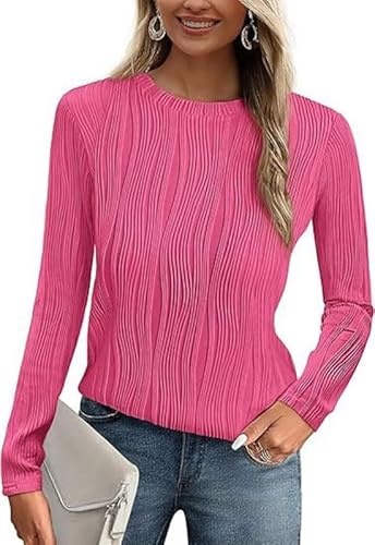 Haibang T-Shirt Damen Elegant Langarm Oberteile Rundhals Langarmshirt Strukturiert Blusen Damen Herbst Lässig Texturierte Tunika Top Trendig Gestrickt Oberteil von Haibang