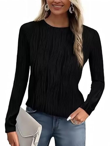 Haibang T-Shirt Damen Elegant Langarm Oberteile Rundhals Langarmshirt Strukturiert Blusen Damen Herbst Lässig Texturierte Tunika Top Trendig Gestrickt Oberteil von Haibang