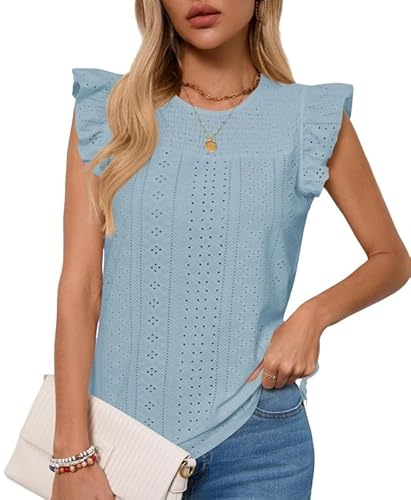Haibang Tank Top Damen Ärmellos Oberteile mit Rüschen Kurzarm Sommer Tanktops Rundhals Ausschnitt Locker Ösenstoff Blusentop Elegant Bluse Shirts von Haibang