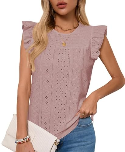 Haibang Tank Top Damen Ärmellos Oberteile mit Rüschen Kurzarm Sommer Tanktops Rundhals Ausschnitt Locker Ösenstoff Blusentop Elegant Bluse Shirts von Haibang