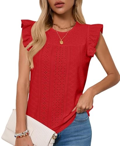 Haibang Tank Top Damen Ärmellos Oberteile mit Rüschen Kurzarm Sommer Tanktops Rundhals Ausschnitt Locker Ösenstoff Blusentop Elegant Bluse Shirts von Haibang