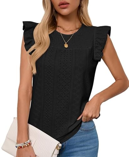 Haibang Tank Top Damen Ärmellos Oberteile mit Rüschen Kurzarm Sommer Tanktops Rundhals Ausschnitt Locker Ösenstoff Blusentop Elegant Bluse Shirts von Haibang