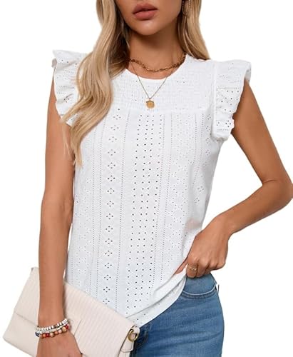 Haibang Tank Top Damen Ärmellos Oberteile mit Rüschen Kurzarm Sommer Tanktops Rundhals Ausschnitt Locker Ösenstoff Blusentop Elegant Bluse Shirts von Haibang