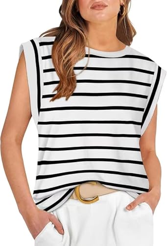 Haibang Tshirt Damen Sommer Gestreift Flügelärmel Tank Top Ärmellose Oberteile Locker Bluse Basic Rundhals Tops von Haibang