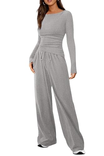 Haibang Zweiteiler Damen Herbst Baumwoll Lounge Set Slim Fit Jogginganzug Trainingsanzug Cozy Hausanzug Loungewear Y2K Outfit Asymmetrischer Saum Langarmshirt und Kordelzug Weites Bein Lang Hosen Set von Haibang