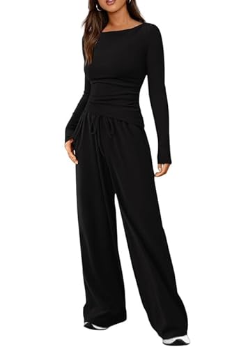 Haibang Zweiteiler Damen Herbst Baumwoll Lounge Set Slim Fit Jogginganzug Trainingsanzug Cozy Hausanzug Loungewear Y2K Outfit Asymmetrischer Saum Langarmshirt und Kordelzug Weites Bein Lang Hosen Set von Haibang