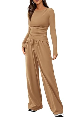 Haibang Zweiteiler Damen Herbst Baumwoll Lounge Set Slim Fit Jogginganzug Trainingsanzug Cozy Hausanzug Loungewear Y2K Outfit Asymmetrischer Saum Langarmshirt und Kordelzug Weites Bein Lang Hosen Set von Haibang