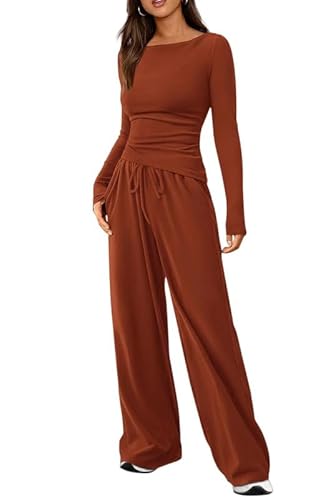 Haibang Zweiteiler Damen Herbst Baumwoll Lounge Set Slim Fit Jogginganzug Trainingsanzug Cozy Hausanzug Loungewear Y2K Outfit Asymmetrischer Saum Langarmshirt und Kordelzug Weites Bein Lang Hosen Set von Haibang
