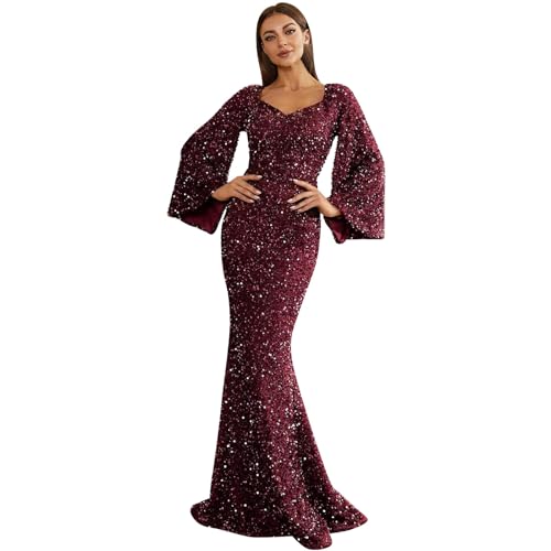 Abend Gwons für Frauen Lange Damen Pailletten Maxikleider Damen Solide Fischschwanz Glänzende Kleider Langarm Glitzer Cocktailkleider V-Ausschnitt Body Enges Kleid Damen Glänzendes Swing Kleid, rot, von HaicoM