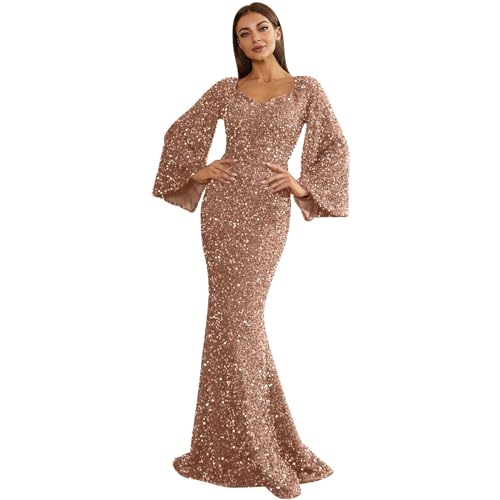 Abend Gwons für Frauen Lange Damen Pailletten Maxikleider Damen Solide Fischschwanz Glänzende Kleider Langarm Glitzer Cocktailkleider V-Ausschnitt Body Enges Kleid Damen Glänzendes Swing Kleid, gold, von HaicoM