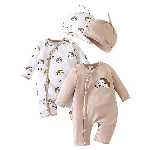 Body in Herbst Winter 2 Stück Kleinkind Jungen Mädchen Langarm Taste Igel Print Strampler Set Mit Hut Hause Tragen Overall Baby Jungen Shirt (White, 0-3 Months) von HaicoM