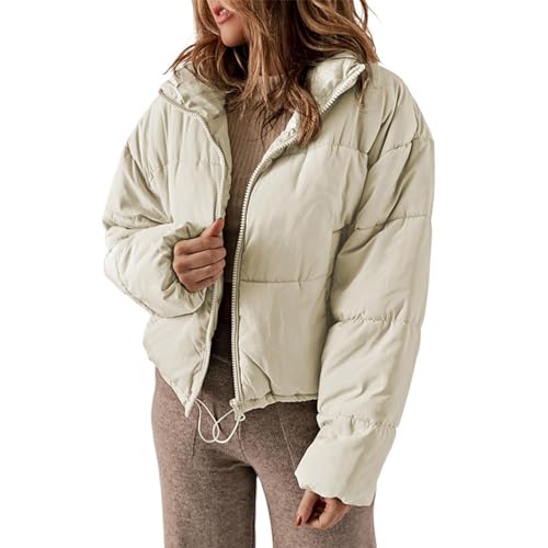 HaicoM Damen Wintermantel Cropped Damen Gepolsterte Kurze Taschen Jacken Woemn's Mode Solide Steppjacken Langarm Frauen Stehkragen Full Zip Puffer Jacke Stil Mäntel mit Taschen, beige, 36 von HaicoM