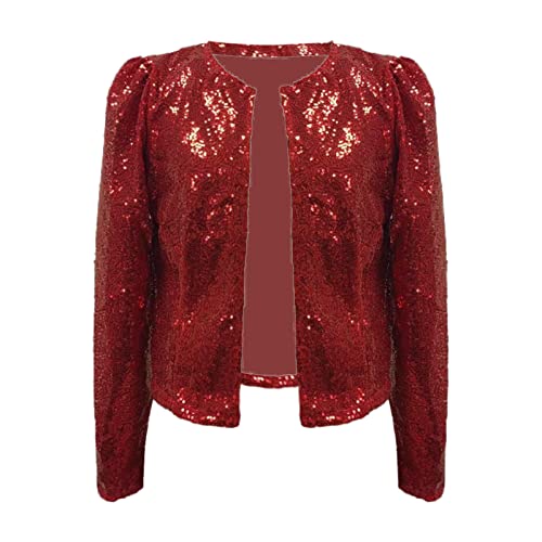 HaicoM Frauen Sparkle Shrug Damen Abend Glitzer Offene Front Langarm Blazer Frauen Casual Mode Pailletten Shinny Cardigan Jacke Loose Fit Oberbekleidung Party Club Cocktail Kurze Tops, rot, 40 von HaicoM