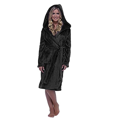 Midi Bademantel für Frauen Winter, Damen Fleece Roben Mantel Damen Einfarbig Plüsch Warm Verlängert Schal Bademantel Damen Lounge Freizeit Home Kleidung Langarm Kapuze Weiche Robe, Schwarz , 54 von HaicoM