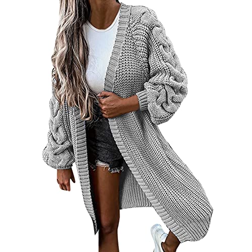 Solide lange Strickjacke für Damen, lässig, Herbst, gestrickt, vorne offen, Damenmode, locker, eleganter Cardigan, Damen-Puff-Langarm, warm, übergroßer Strickmantel, grau, 3XL von HaicoM