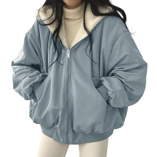 Teen Girl Wendejacke Stehkragen Jacken für Frauen Plus Size Damen Solid Wintermantel Cropped Damen Plüsch und verdickte künstliche Lammwolle Kapuzenjacke auf beiden Seiten, blau, 36 von HaicoM