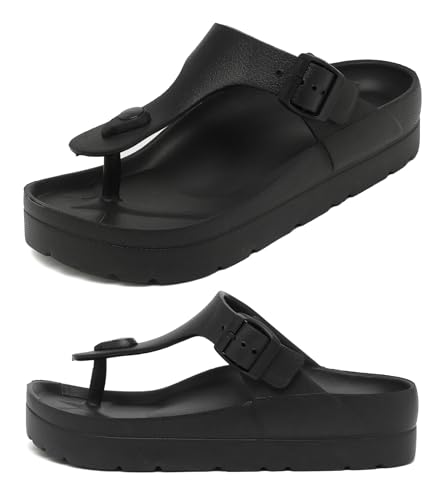Damen Flip Flops, Verstellbare Schnalle Plateau Zehensandalen Komfort Flache Slides mit Fußgewölbeunterstützung Frauen Sommer Essential Strand Home und Street Casual Sandles,schwarz, 40.5 EU von Haifago