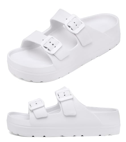 Damen Plateau Sandalen, Verstellbare Schnalle Flache Sandalen, Komfort Hausschuhe mit Fußgewölbeunterstützung, 1-2 Plattform-Doppelschnalle-weiß, 37 EU von Haifago
