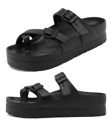 Damen Plateau Sandalen Komfort Schaum Zehenring Slides mit Fußgewölbeunterstützung, leichte Polsterung EVA Slides Dicke Sohlen Flip Flops Verstellbare Schnalle, Zehenring Flip Flops - schwarz, 38.5 EU von Haifago