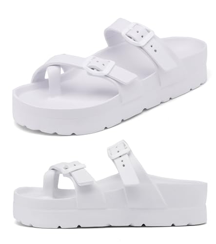 Damen Plateau Sandalen Verstellbare Schnalle Riemchen Flip Flops Chunky Thong Sandalen mit Fußgewölbeunterstützung Sommer Essential Toe Loop Slides für Frauen, Zehenring Flip Flops - weiß, 39 EU von Haifago