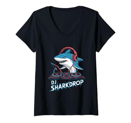 Damen DJ Sharkdrop Haifisch DJ Turntables EDM Techno Party T-Shirt mit V-Ausschnitt Damen DJ Sharkdrop Haifisch DJ Turntables EDM Techno Party T-Shirt mit V-Ausschnitt von Haifisch DJ EDM Techno Club Rave Party Bass Musik