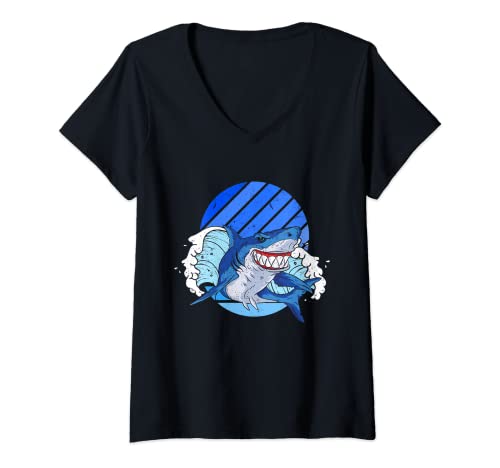 Damen Süßer Haifisch im Meer, Retro Hai T-Shirt mit V-Ausschnitt Damen Süßer Haifisch im Meer, Retro Hai T-Shirt mit V-Ausschnitt von Haifisch im Ozean für Kinder