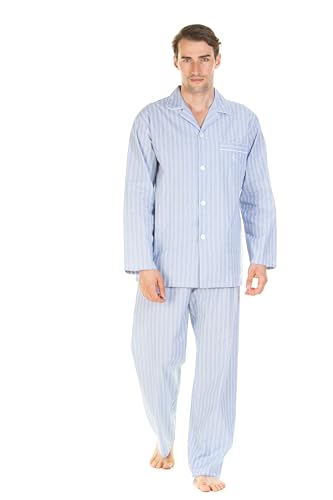 Haigman Herren-Pyjama-Set, garngefärbt, langärmelig, Baumwoll-Popeline, Hellblau gestreift, XXL von Haigman