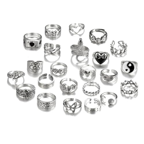 Haiki 24pcs Gothic Ringe Set Für Frauen Und Männer Silber Punk Grunge Vintage Juwely Mit Herz Schlange Blumen Designs Statement Schmuck Schmuck von Haiki