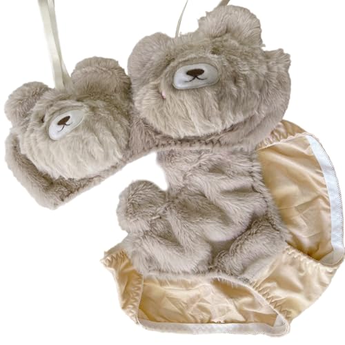 Haiki Frauen 2pcs Pelziger BH Und Slip Set Sweet Bear Muster Fuzzy Plüsch Drahtloser Brassiere Unterwäsche Japanische Anime Dessous von Haiki