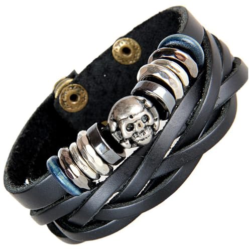 Haiki Handgefertigtes Lederarmband Schädel Thema Riemen Mehrschichtige Handgelenk Schmuck Textur Für Frau Und Mann Männer Lederschädel Armband von Haiki