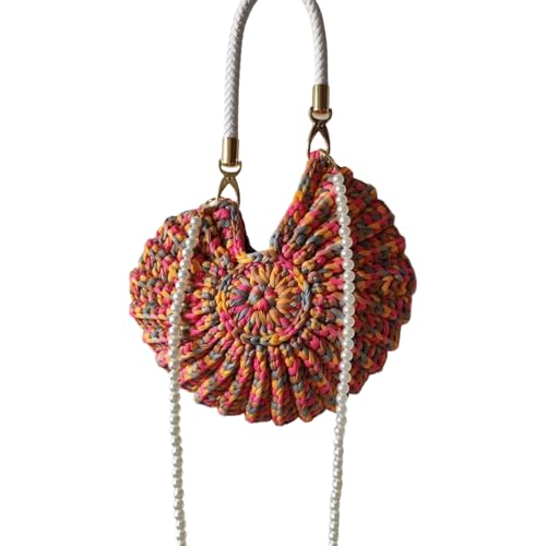 Trendy Marine Styles Strandtasche Gewebt Faux Pearls Kette Kegel Detail Süßigkeitenfarbenfarbene Polyester Leichte Schulter Multi Taschenschale Dekoriert von Haiki