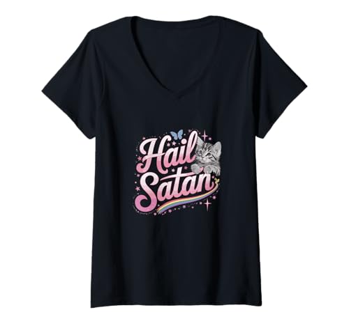 Damen Hail Satan Funny Edgy Ironic Cat T-Shirt mit V-Ausschnitt Damen Hail Satan Funny Edgy Ironic Cat T-Shirt mit V-Ausschnitt von Hail Satan Cat Edgy Ironic Pastel