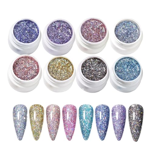 Glitzer Gel Nagellack, Schimmer-Gel, 8 Farben Glitzer-Lack-Set mit Kunst-Design für Maniküre Pediküre Frauen & Mädchen zu Hause von Hailerio