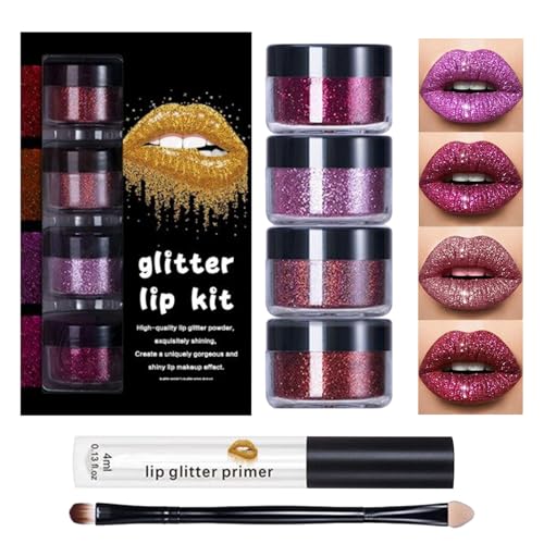 Glitzer Lippen Set | Glitzer-Lippen Make-Up Mit Primer & Pinsel,Glänzender Lippenstift Für Frauen Party Hochzeit Familientreffen Feiertag Halloween Weihnachten von Hailerio