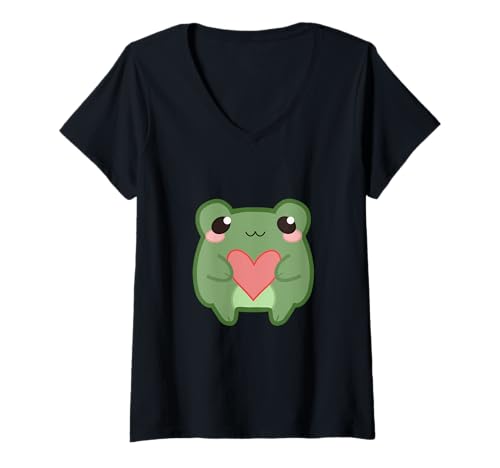 Damen Niedlicher Kawaii-Frosch für Anime-Frosch-Liebhaber T-Shirt mit V-Ausschnitt Damen Niedlicher Kawaii-Frosch für Anime-Frosch-Liebhaber T-Shirt mit V-Ausschnitt von Hailey's Heart Frog