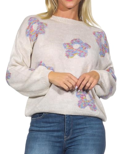 Hailys Damen Strickpullover Fl44ippa gestrickter Damenpullover Pulli mit Blumen UNF-5041 Beige/LBlue Multi Flower (1604013746) XS/S von Hailys