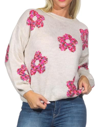 Hailys Damen Strickpullover Fl44ippa gestrickter Damenpullover Pulli mit Blumen UNF-5041 Beige/Pink Multi Flower (1604013747) M/L von Hailys