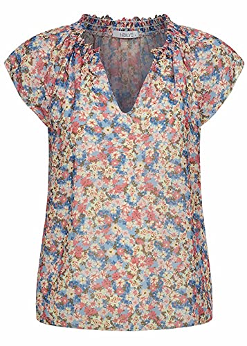 Hailys Damen V-Neck Blusen Shirt mit gerafftem Stehkragen Blumen Muster blau rosa Weiss von Hailys