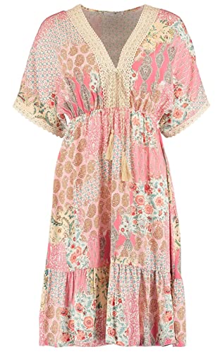 Hailys Damen Viskose Mini-Kleid Tunika Siona mit Häkelspitze und Patchwork-Print LC-22529 Rose Div L von Hailys