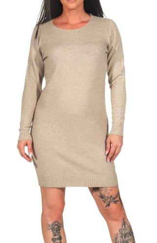 Langarm Strickkleid Long Shirt Feinstrick Rundhalsausschnitt Gerippte Abschlüsse, Farben:Beige, Größe:M von Hailys