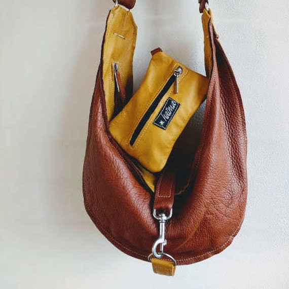 Curry Braun Leder Hobo Tasche Umhängetasche Handtasche Eine Abnehmbare Geldbörse Für Schlüssel Innen von Haimadesign