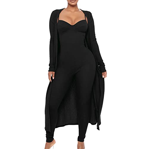 Haiorziyou Finchgirl Damen Jumpsuit Teddy Laufbekleidung Damen Set Frauen-Herbst-Overall-Lange Hülsen-lose Lange Mäntel-beiläufige Frauen-Zweiteiliger Bodysuit-Satz Hosenanzug Damen Business Schwarz von Haiorziyou