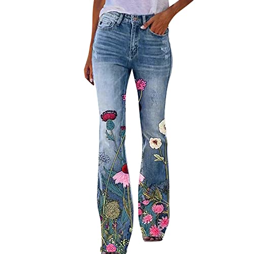 Haiorziyou Frauen Hosenanzug Elegant Jeanshose Damen High Waist Stretch Skinny Schlaghose Bootcut Hohe Taille Flared Jeans Weites Bein Retro Stil Destroyed Denim Pants, A21-blau, M von Haiorziyou