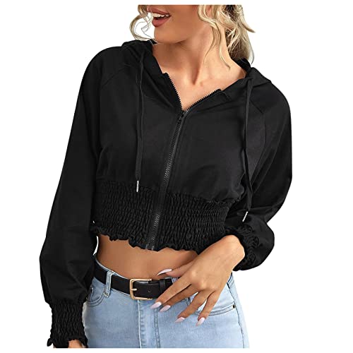 Sexy Kostüme Frauen Casual Solid Zipper Langarm Kapuzen-Sweatshirt Fold Short Tops Damen Top Bauchfrei von Haiorziyou