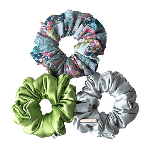 Hair Drama Co. Mehrfarbige seidige Satin-Haargummis für Damen/Mädchen – Kombi-Packung mit 3 Stück – Anti-Haarbruch Gummiband Krawatte (Grün & Grau) von Hair Drama Co.