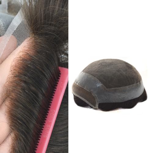HairNotion Herren Toupet Echthaar Spitze Front und Top mit Haut Perückenstück Haarteil Toupet #1B (8"X10") von Hair Notion