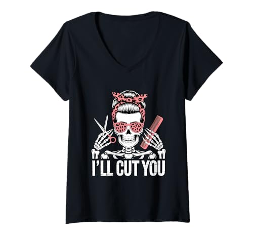 Damen I'll Cut You Hair Stylist Skelett Friseur T-Shirt mit V-Ausschnitt Damen I'll Cut You Hair Stylist Skelett Friseur T-Shirt mit V-Ausschnitt von Hair Stylist Hairdresser