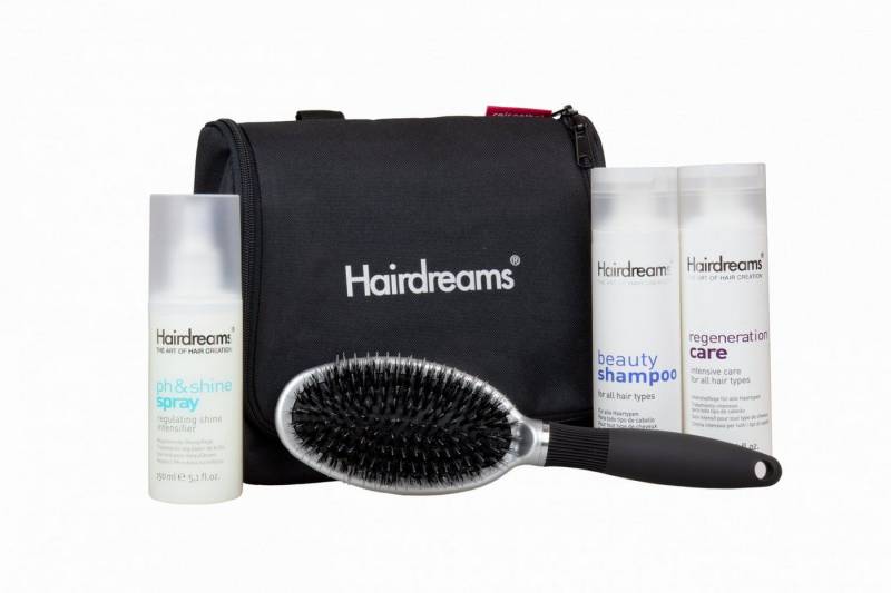 Hairdreams Haarpflege-Set Hairdreams Home Care Set 3 mit Volume Shampoo, 5-tlg., Set für Haare mit Echthaarverlängerungen, Volumenshampoo, ph&shine Spray, Regeneration Care, Bürste, Tasche von Hairdreams