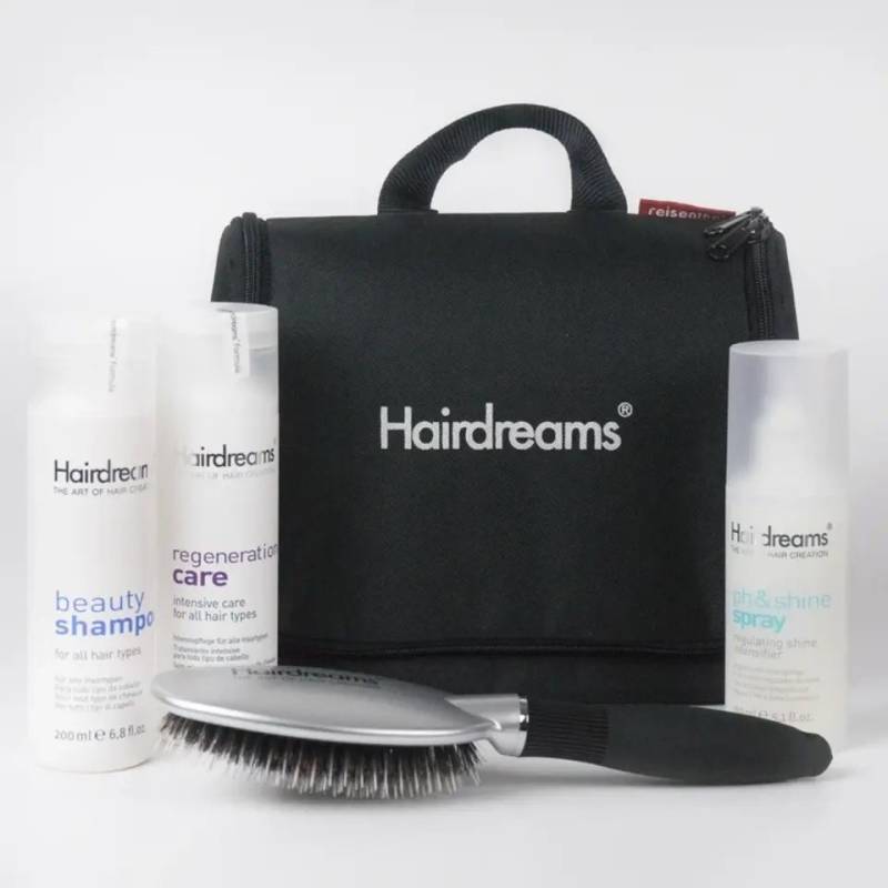 Hairdreams Haarpflege-Set Home Care Deluxe Set 3 mit Volume Shampoo, Set, 5-tlg., Volumenschampoo, Regeneration Care, ph&shine Spray, Bürste, Tasche, für Haare mit Echthaarverlängerungen von Hairdreams