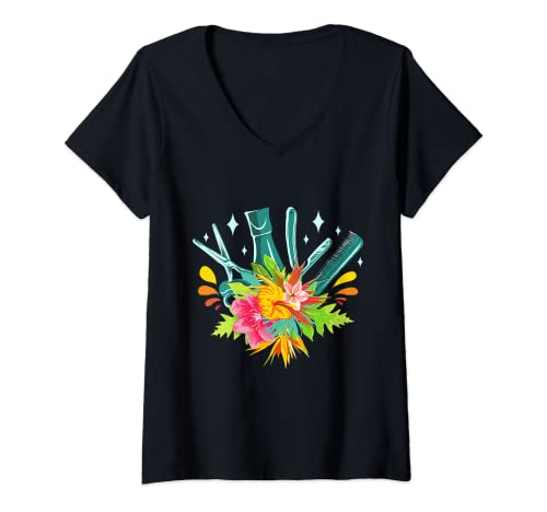 Damen Friseur Damen, Blumen Hairstylist Friseur T-Shirt mit V-Ausschnitt Damen Friseur Damen, Blumen Hairstylist Friseur T-Shirt mit V-Ausschnitt von Hairdressing Tools Nad Hairstylist Accessories